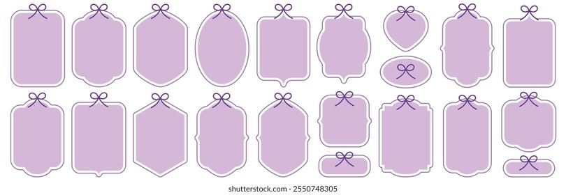 Decorative purple frames and bows. Set of provence antique frames, collection of retro labels, royal wedding, sticker for sale or an invitation card. Isolated vector symbols. Simple lavender ribbons
