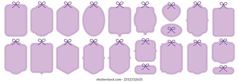 Decorative purple frames and bows. Set of provence antique frames, collection of retro labels, royal wedding, sticker for sale or an invitation card. Isolated vector symbols. Simple lavender ribbons