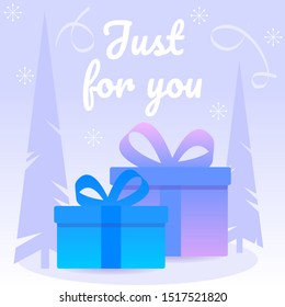 Decorative purple gift box with blue leafs and ribbons. Christmas card with box and eve. 