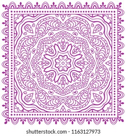 Decorative purple line ornament on white background, symmetric pattern with doodle lace frame. Tribal ethnic mandala decor. Bandana shawl, tablecloth fabric print, silk neck scarf, kerchief design