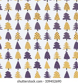 Decorative purple and yellow pine trees vector seamless pattern
