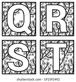 Decorative Q, R, S, T alphabet letters with floral elements 