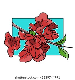 Decorative quince. Tree branch with beautiful red flowers. Garden plant. Cartoon vector illustration isolated on white background. Hand drawn outline