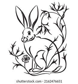 Decorative rabbit. Composition with a bunny, flowers  ornament. Happy Easter greeting card of bunny, rabbit icon, on white background.  Black and white hand drawn image. Linear drawing. 2023 symbol. 