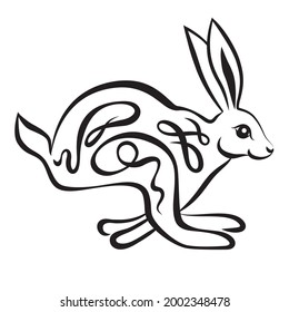Decorative rabbit. Composition with a bunny with ornament. Happy Easter greeting card of bunny, rabbit icon, on white background.  Black and white hand drawn image. Linear drawing. 2023 symbol.