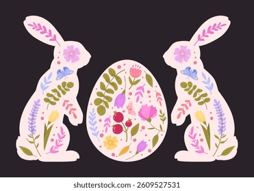 Decorative rabbits with spring flowers. Easter bunny silhouettes, cute Easter hares with Easter eggs flat vector illustration. Bunny holiday decorations