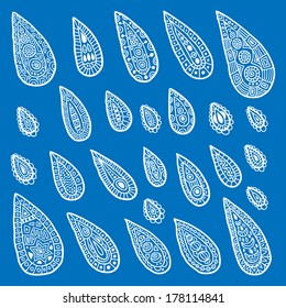Decorative rain drops on blue background