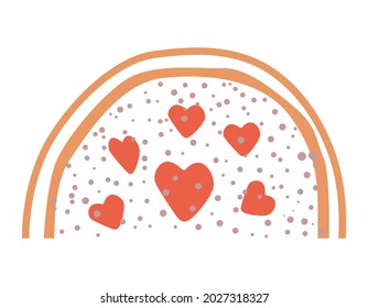 Decorative rainbow made from simple lines with hearts and dots. Abstraction, boho style. Vector clipart illustration isolated on white background.