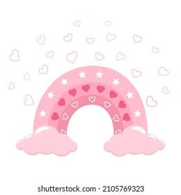 Decorative rainbow in pink colors with stars and hearts on fluffy clouds. Rainbow for postcards for a girl's birthday, for St. Valentine's Day. Flat illustration isolated on white background.