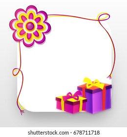 Decorative Rakhi with Wrapped Gift Boxes, Raksha Bandhan celebration greeting card with space for your message.