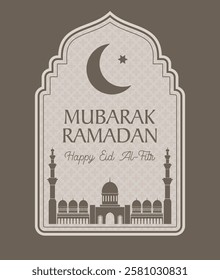 A decorative Ramadan greeting card with crescent moon, mosque silhouette, and Arabic patterns, isolated on a white background. This vector illustration is perfect for Islamic holiday celebrations.