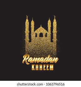 Decorative Ramadan Kareem background with glitter mosque and metallic text