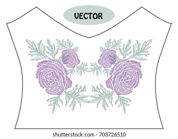 Decorative ranunculus flowers in embroidery style on t-shirt or dress neck line. Editable colors.Can be used for fashion decorations, fabrics, manufacturing. Embroidery decorative flowers