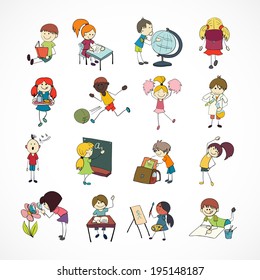 Decorative reading learning singing and playing football school children with backpack doodle sketch vector illustration