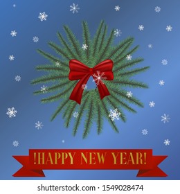 Decorative realistic christmas wreath and red ribbon with shiny gift bow, snowflake. Background vector illustration object for greeting card, banner template, web design, new year, holiday celebrating