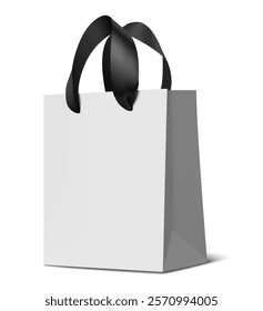 Decorative realistic ecological white paper bag mockup with black silk ribbon handles for shopping isolated on white with shadow. Vector stock illustration.	