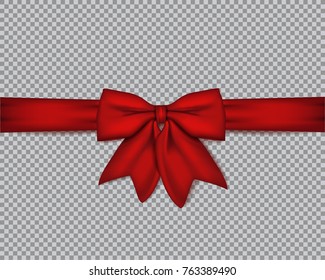 Decorative realistic red bow with horizontal ribbon on isolated background . Vector rose bow.