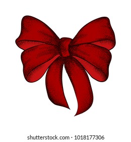 Decorative realistic red bow isolated on white background. A bow for a gift box. Hand drawn vector illustration.