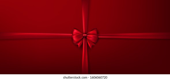 Decorative realistic red bow with red ribbon. Horizontal gift, present.  Templates for placards, banners, flyers, presentations, reports, invitation, posters, brochure, voucher discount. EPS 10