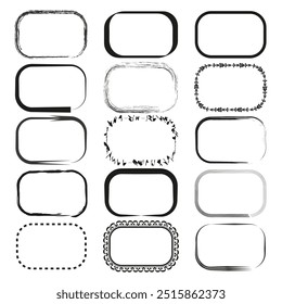 Quadros retangulares decorativos. Variedade de contornos pretos. Desenhos ornamentais e abstratos. Bordas arredondadas e texturizadas.