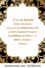 Decorative rectangular element with a gold baroque pattern on a black background.