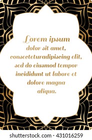 Decorative rectangular element with a gold baroque on a black background.