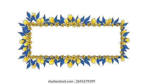 A decorative rectangular frame adorned with vibrant blue leaves and yellow floral accents.