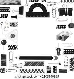 Decorative Rectangular frame with Black and white stationery. Back to school, office work. Space for text. Clip, adhesive tape, pin, needle, eraser, pencil. Vector illustration. 