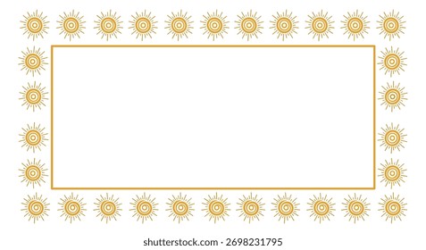Quadro retangular decorativo com uma borda de motivos dourados do sol em um fundo branco.