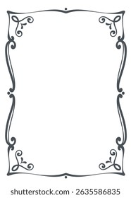 Decorative rectangular frame with elegant corner scrolls, floral swirls and smooth flowing lines. Classic black outline design for invitations, certificates, or stationery. Vector illustration.