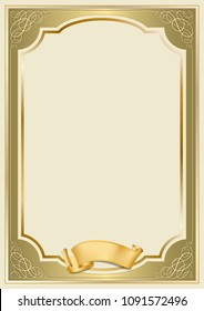 Decorative rectangular framework and a scroll. Template for diploma, certificate, card. A4, A3  page proportions. Golden gradients applied.