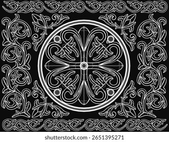 A decorative rectangular ornament features an intricate black and white art nouveau circular design with elegant swirls and curves. The detailed pattern stands out against a dark background.