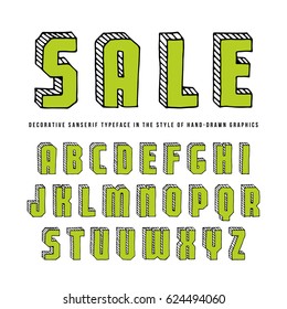 Decorative rectangular sanserif bulk font. Typeface in the style of hand-drawn graphics. Color print on white background