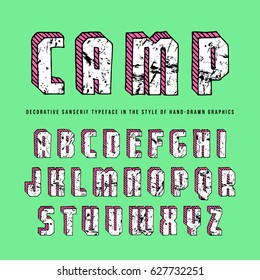Decorative rectangular sanserif bulk font. Typeface in the style of hand-drawn graphics. Letters with shabby texture. Color print on green background