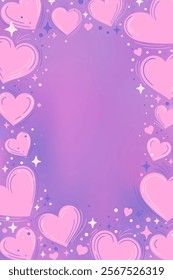 Decorative rectangular vertical vector frame composed of pink hearts surrounded by colorful stars and dots on a purple background. Perfect as a copy space for romantic designs.