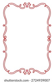 Decorative rectangular vintage frame with red curly line art and tiny hearts. Elegant romantic whimsical border for Valentine's Day, wedding invitations, or greeting cards. 
