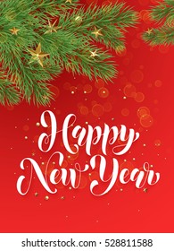 Decorative red background with golden Christmas ornament decorations of gold stars balls and Christmas tree branches. Happy New Year text calligraphy lettering 