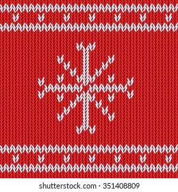 Decorative red background as a knitted fabric with white snowflake