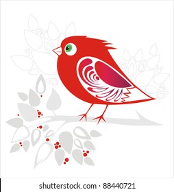 Decorative red  bird on gray twig with ornamental flower and berry. Vector illustration. Design elements for greeting cards