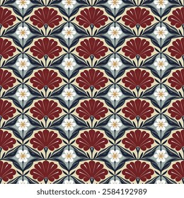 Decorative Red and Blue Geometric Floral Seamless Pattern