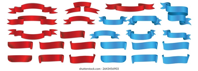 Decorative red and blue ribbon banner set in 3D style, ideal for celebration, announcement, and sale design.