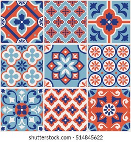 Decorative red and blue tile pattern design. Vector illustration.