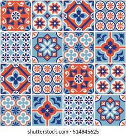 Decorative red and blue tile pattern design. Vector illustration.