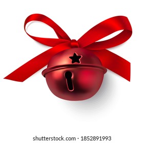 Decorative red bow and bell  isolated on white background. Christmas and New Year decoration. Vector illustration