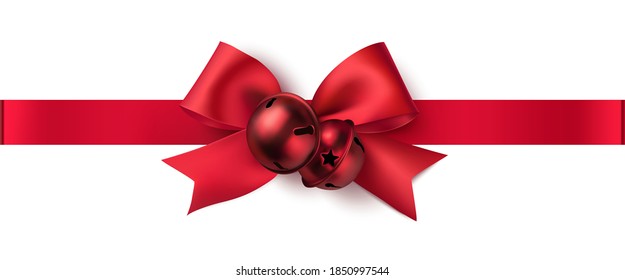 Decorative red bow and red Christmas bells with horizontal ribbon isolated on white background. Christmas and New Year decoration. Vector illustration