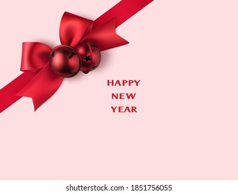 Decorative red bow with diagonally ribbon and Christmas bells on the corner of page. New year background. Vector illustration	