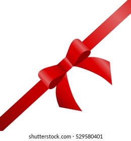 Decorative Red Bow With Diagonally Ribbon On The Corner. Vector Bow For Page Decor