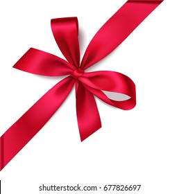 Decorative red bow with diagonally ribbon on the corner. Vector bow for page decor isolated on white