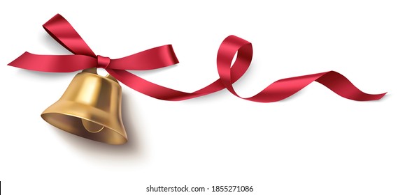 Decorative red bow and golden bell with swirl ribbon isolated on white background. Christmas and New Year decoration. Vector illustration