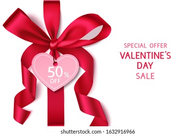 
Decorative red bow with heart price tag. Valentines day sale design template. Vector illustration